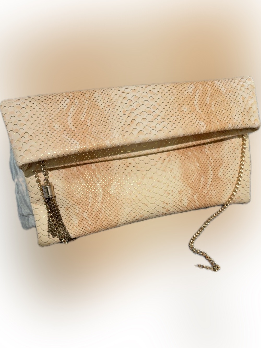 NWT Cream Snake-Embossed Foldover Shoulder Clutch